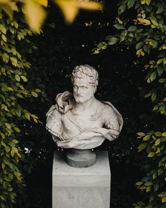 Classical marble bust of a Roman man on a pedestal, surrounded by lush green foliage in a formal garden setting