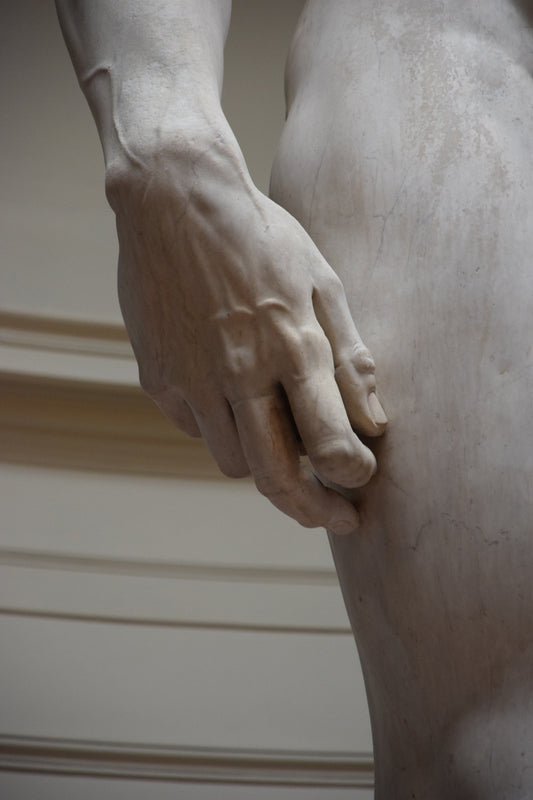 Zoomed in close up of The David by Michelangelo's hand. David's veins are very visible, highlighting the incredible detail of the sculpture.