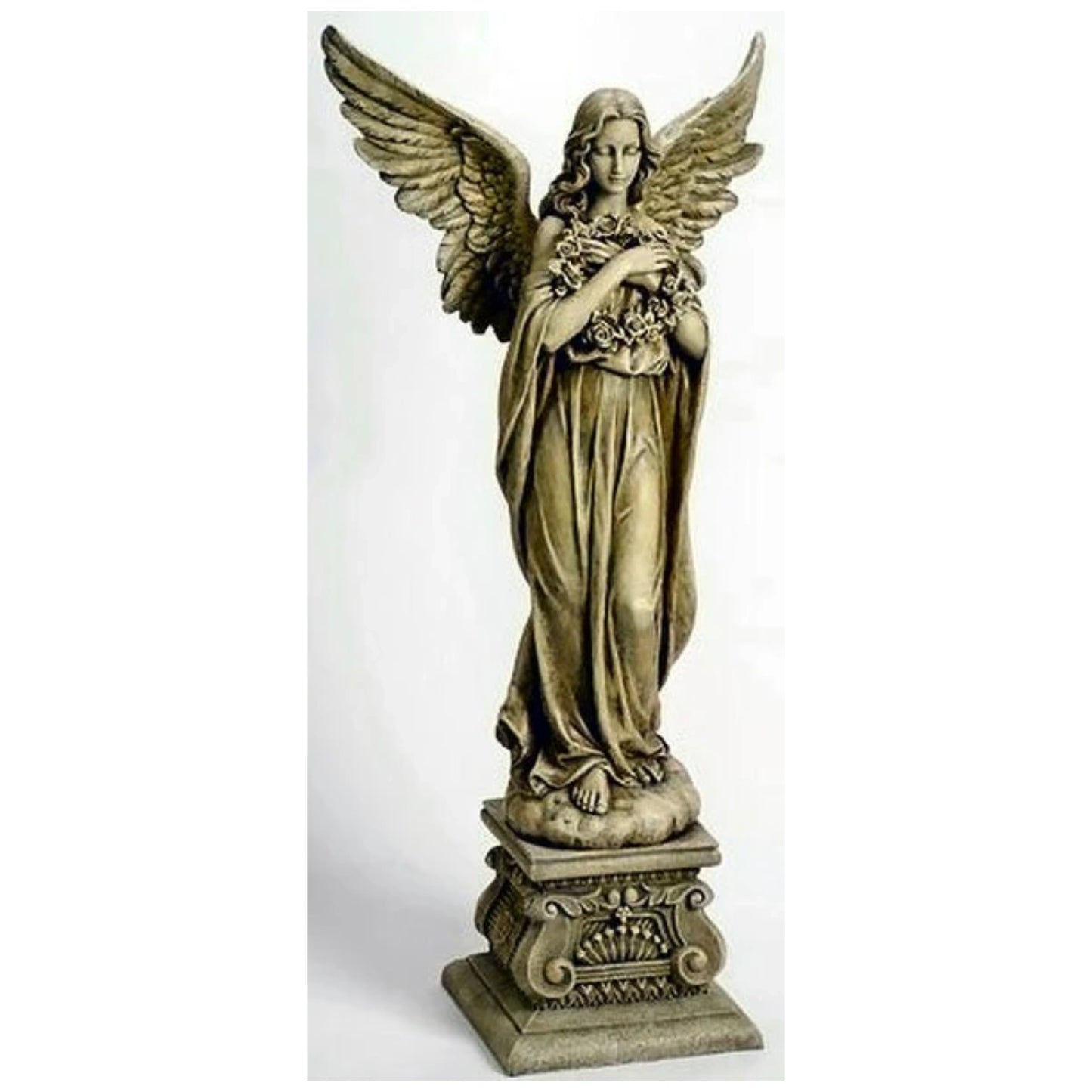 Angel Holding Wreath Sculpture Memorial Roses Flower Blessed Art