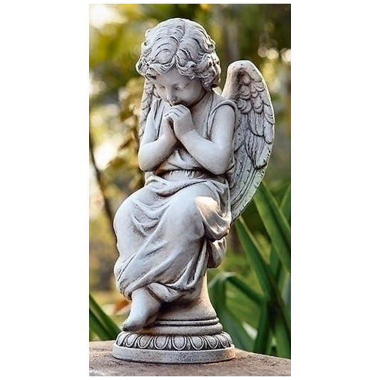 Kneeling angel statue with curly hair, folded hands in prayer, and detailed feathered wings.