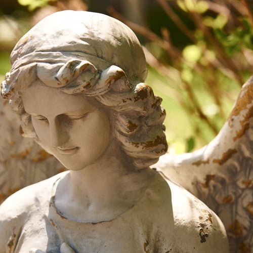 Angel with Arm Over Chest Garden Statue β Antique Grey Finish Close Up of Face