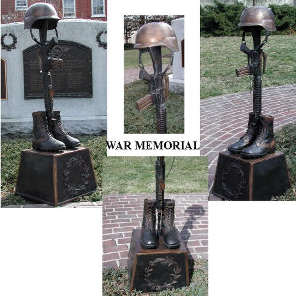 War Memorial Battle Cross Boots Gun Helmet Bronze Statue