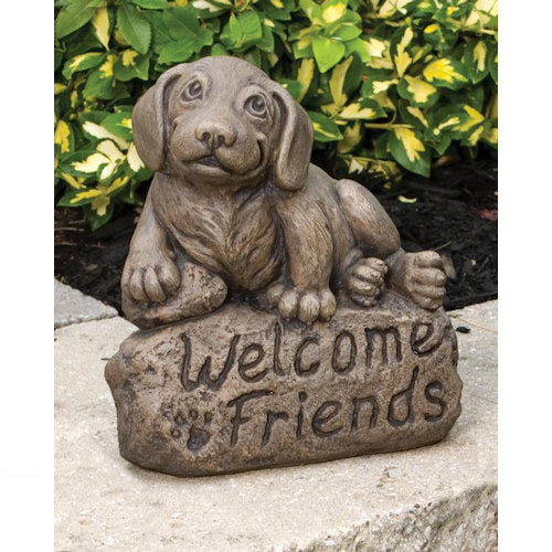 Welcome Friends Beagle Statue Cement Sculpture with the words paw prints