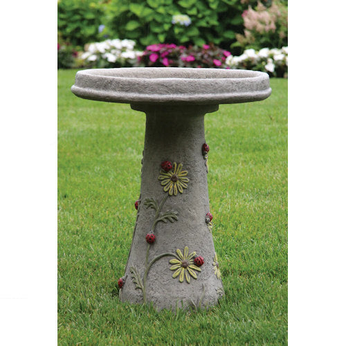 Whimsical cement Ladybug Bird Bath with floral reliefs made in America