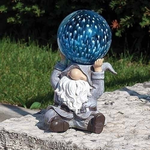 Blue Solar Light Gnome Statue with Glass Orb Garden Sculpture Outdoors