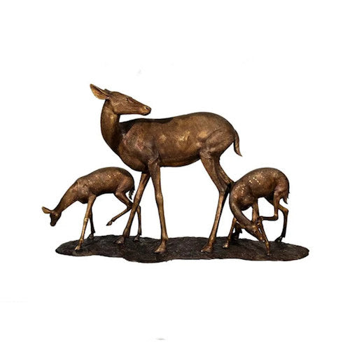 Bronze Life-Size Doe and Two Fawns Deer Sculpture on Base on piece statue