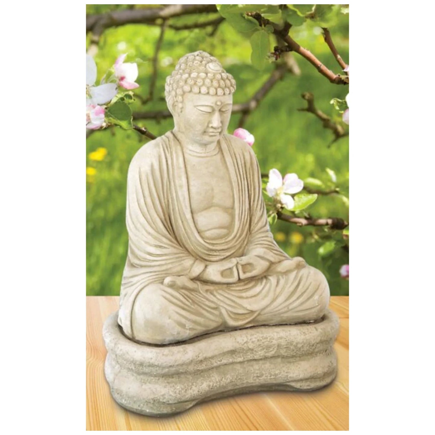 Buddha on Base Asian garden sculpture creates a meditative space
