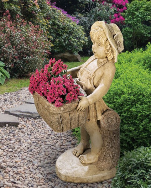 Flower Girl Planter Sculptural Urn Vase Hat Child basket Statue Cement