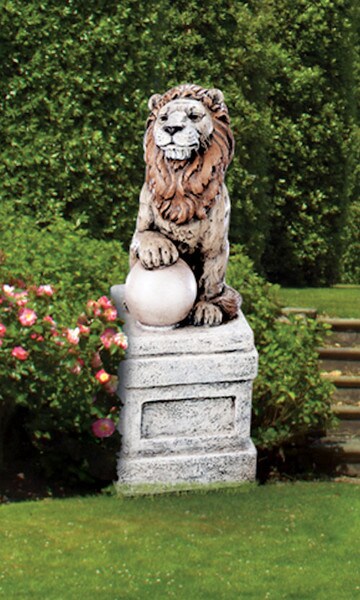 Castle Lion On Orb Facing Right Cement Statue Paw on Ball Sculpture