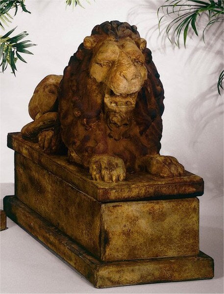 Royal Reclining Lion Right & Pedestal Cement Statuary Set