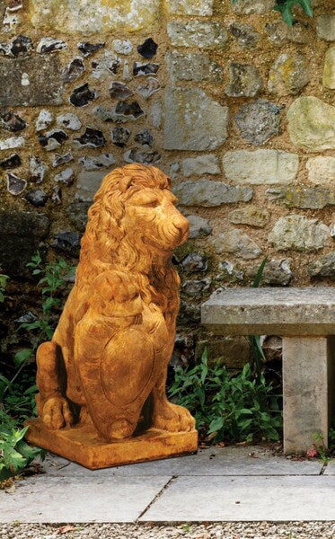 Lion with Right Shield Garden Statue Driveway Focal Point Statuary