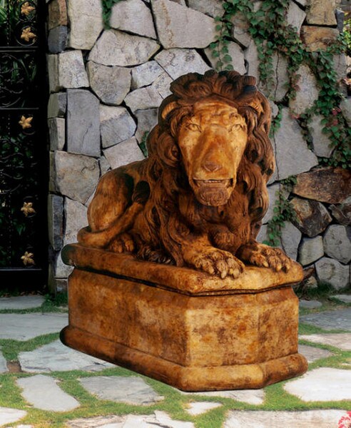 Grand Lion Facing Right Stone Statue and Pedestal Plinth Base Stone