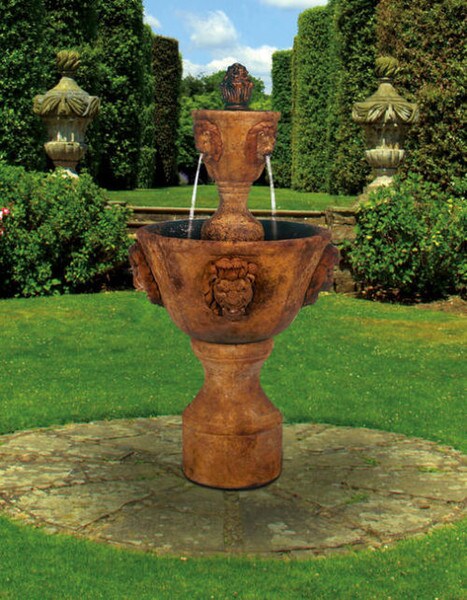Leonesco Lion Fountain Two Tier Medium Spouts Water into Basin