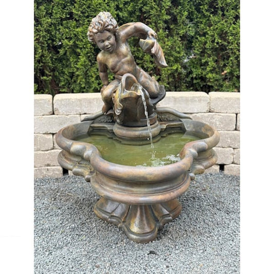 Vitalius Fountain Boy on Fish Garden Statuary Spouting Water Artwork