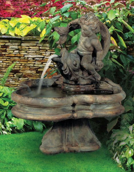 Cement Fountain Boy on Fish Cherub Dolphin Roman Classical Statue