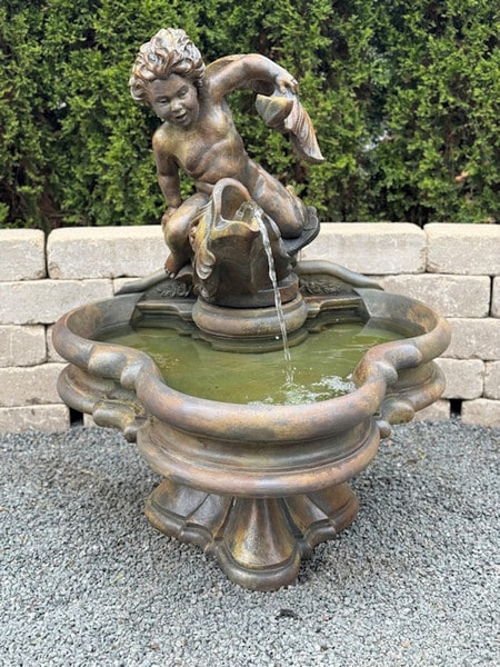 Vitalius Fountain Boy on Fish Garden Statuary Spouting Water Italian