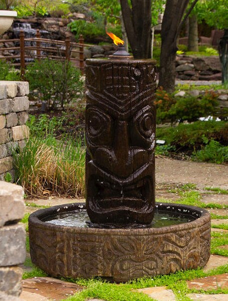 Tiki Column Fountain with Fire Cast Stone Polynesian island Statuary