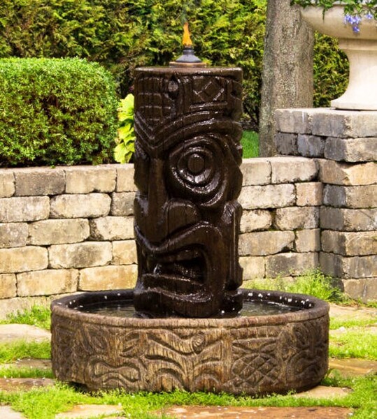 Tiki Column Fountain with Fire Gods Sculptural Water Stone Hedge