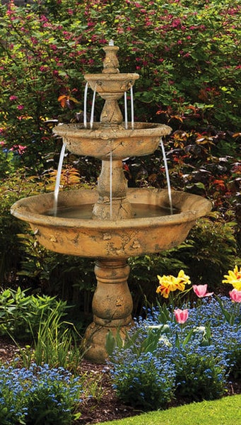 Triple Tazza Tiered Fountain Made of Cement Piped Spigots Flowing