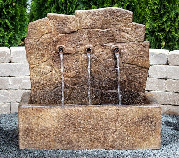 Acadia Wall Fountain Cast Stone extra large copper spouts three lighted