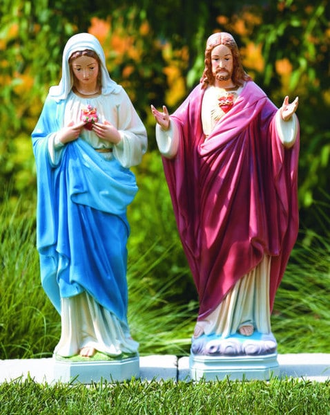 Sacred Heart of Mary and Jesus  Statues in Garden Setting Lush Greenery