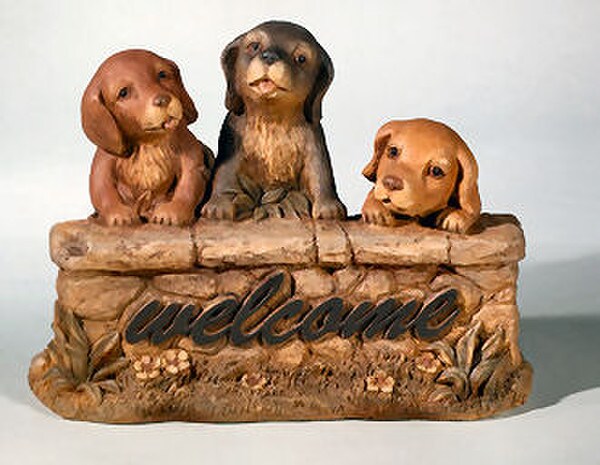 Three Welcome Puppies Hand Painted Statue Write On front of Sculpture
