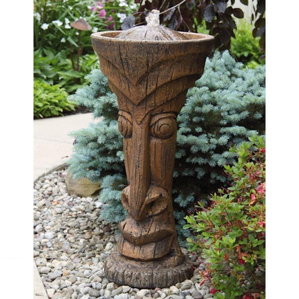 Polynesian Tiki Sculptural Head Fountain Lighted Cement Unique Statuary Garden
