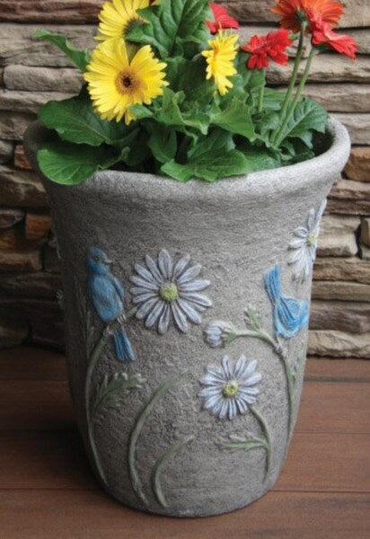 Bluebird Vase Planter Cement by Massarelli high relief Daises Urn