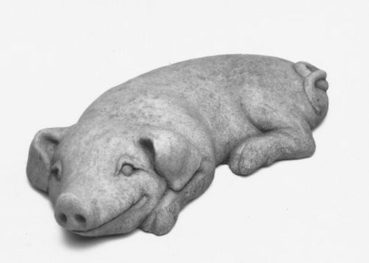 Cement pig statue - Young Piglet lays down with a big smile on face