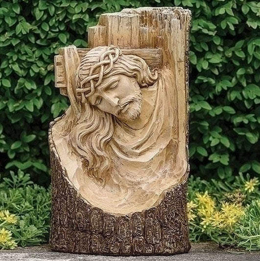 Crucifixion Cross Relief Jesus Carved Log Garden Sculpture