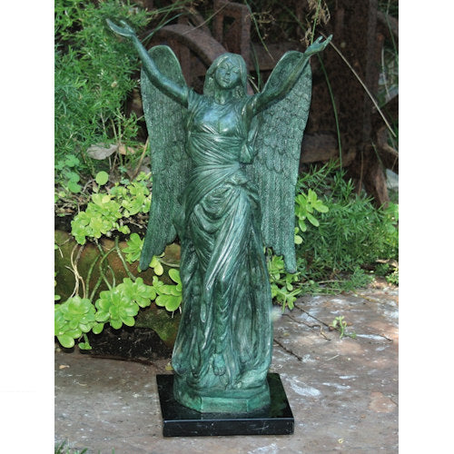 Celestine Angel Bronze Statue Mounted on Marble Base Arms open heavenly