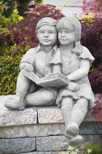 Children Reading Seedlings Ledge Sitting Garden Statue Boy and girl sculpture