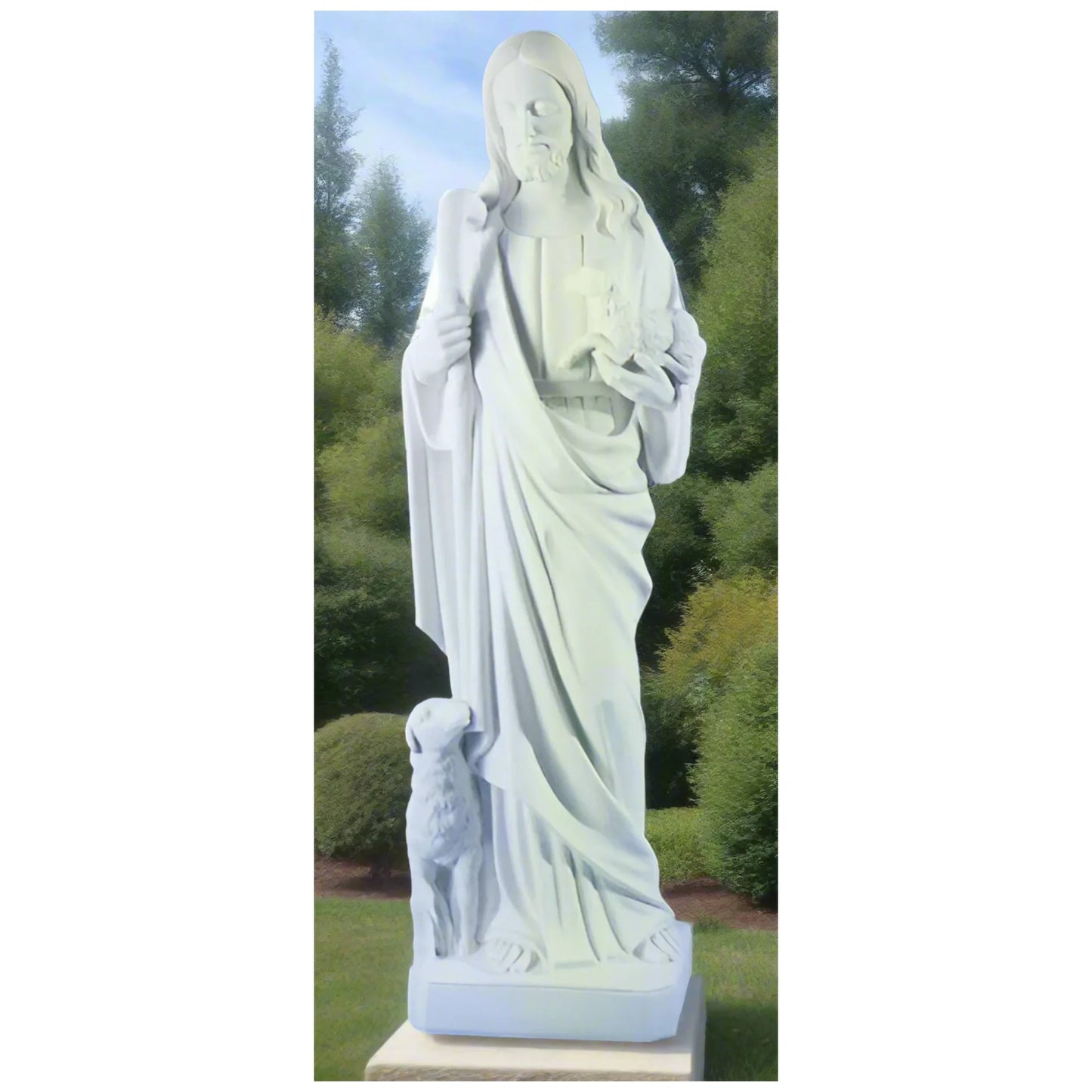 42.5-inch Italian marble Christ the Good Shepherd statue, perfect for religious gardens, church sanctuaries, or faith-based outdoor dΓ©cor