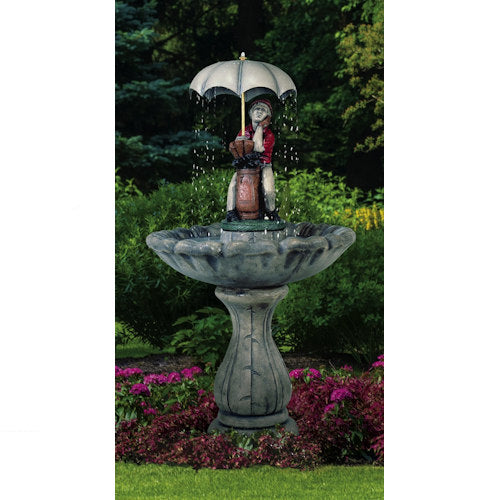 Classic Golfer Fountain Cement Henri Under  Umbrella Rainy day Golfing Statuary