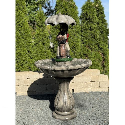 Classic Golfer Fountain Cement Henri Under Umbrella Rainy day Golfing Statuary