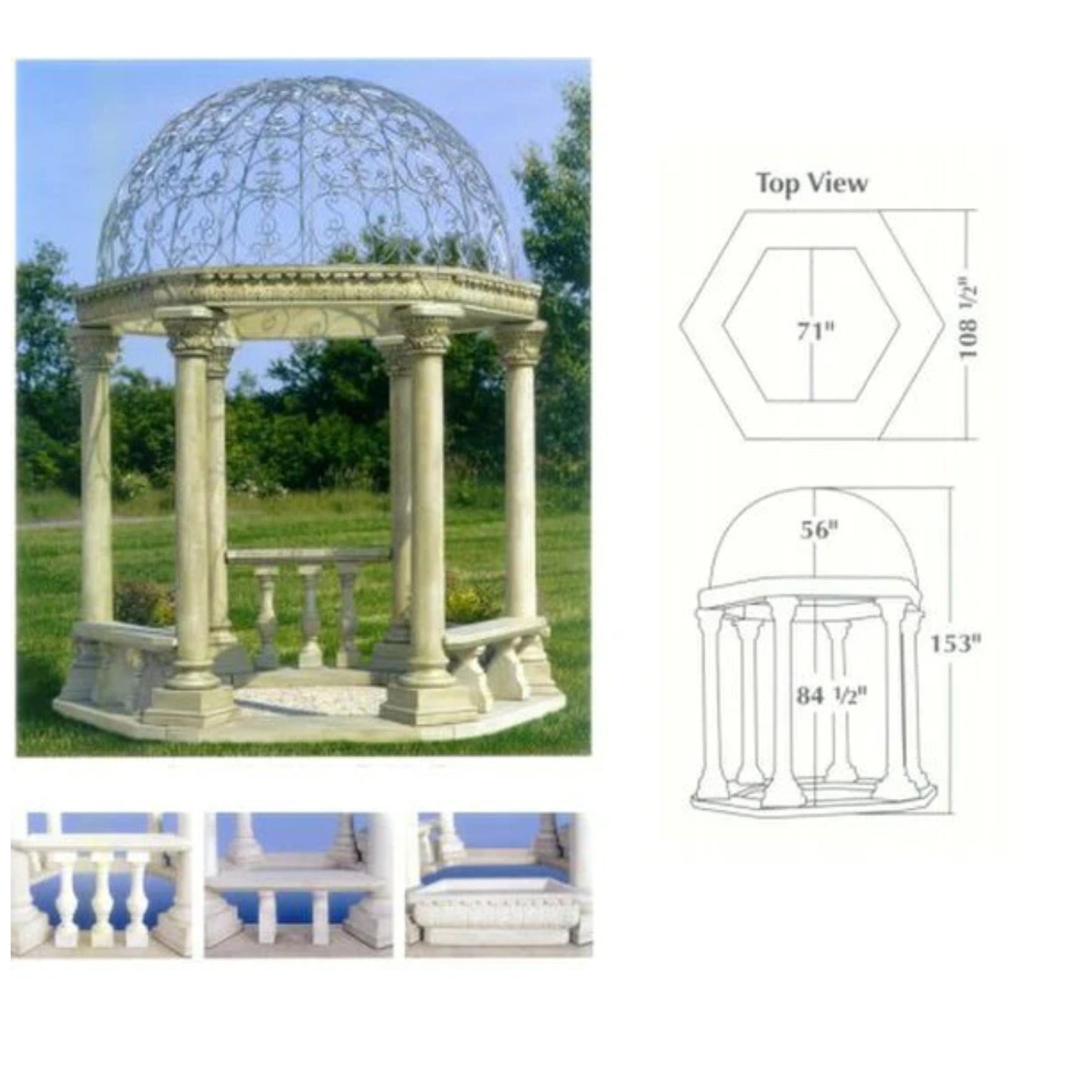 Classical Garden Gazebo with one Balustrade and one Bench Cement