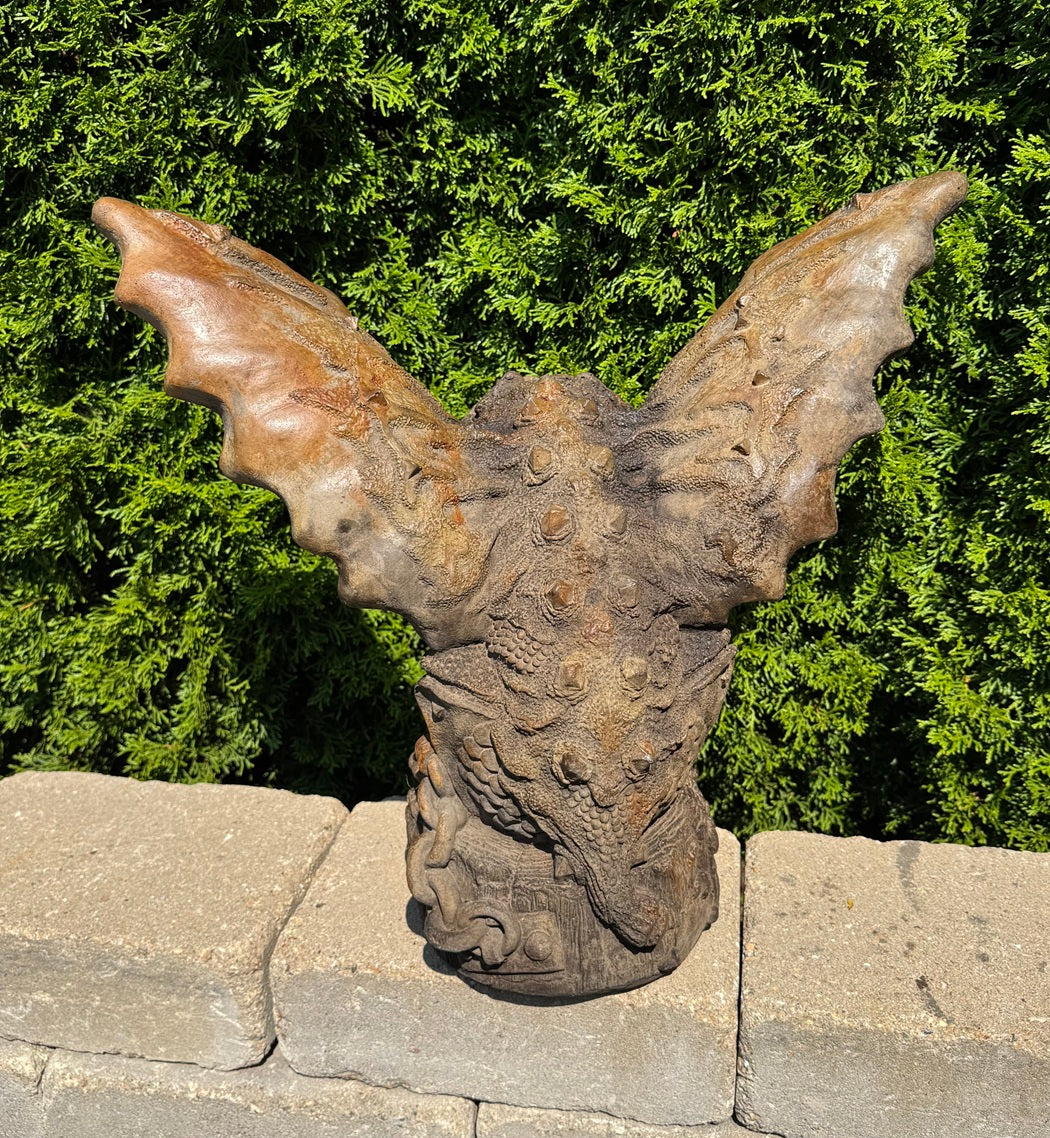 Back view of Cement Gargoyle Statue fierce bulldog face sculpture bat Gothic