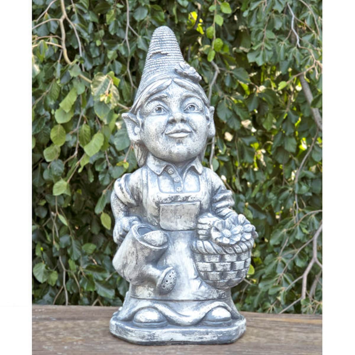 Daisy The Girl Gardener Concrete Gnome statue with watering can and basket of flowers