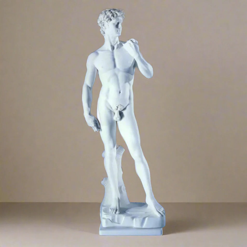 34-inch Italian marble David by Michelangelo statue, classical Renaissance sculpture ideal for art collectors, galleries, or elegant interiors