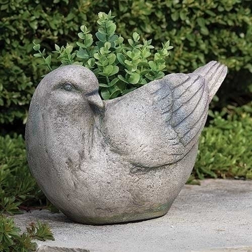 Dove of Peace bird planter sculpture with stone-style finish, featuring a graceful dove design holding greenery, perfect for garden or indoor décor.