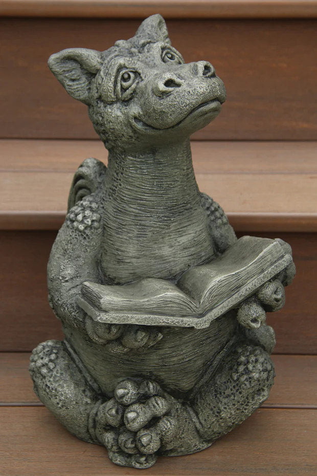 Booksy the Reading Dragon Cement Statue – Whimsical Garden Art