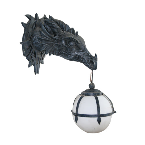 Dragon wall sculptural lamp with dragon head holding frosted globe light