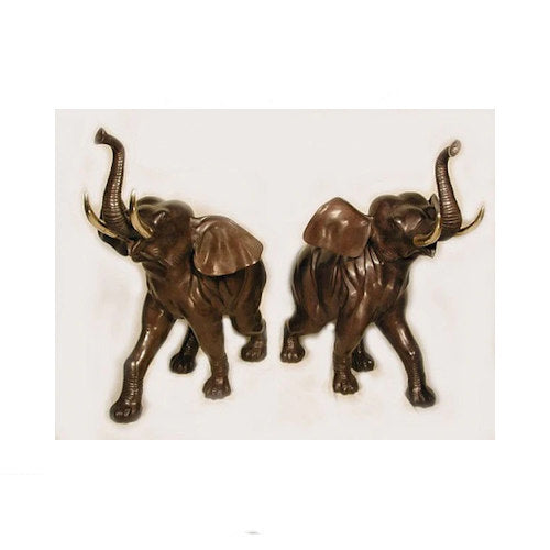 Elephants Right & Left Statues Trunk Up Bronze