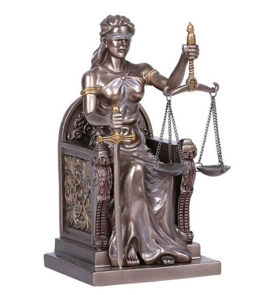 Blind Lady Justice Sculpture Seated Ornate Chair Sword Scales Bronze