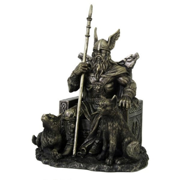 Odin Viking Statue on Throne with Wolves Figurine Artwork Sculpture