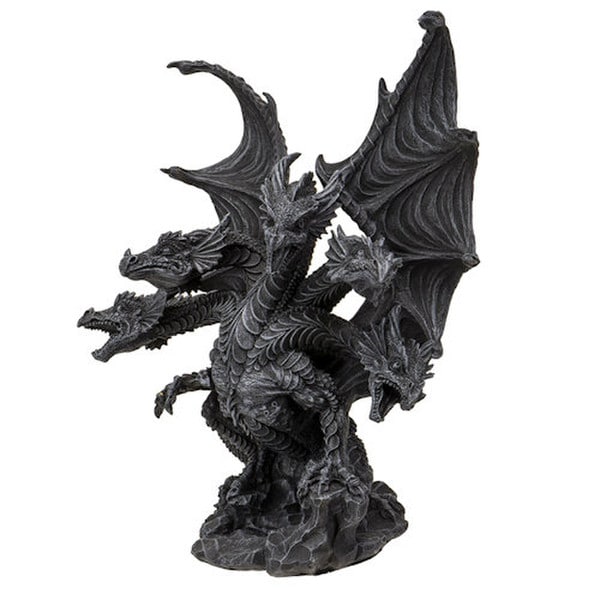 Dark Hydra Four-Headed Dragon Statue striking greystone finish sculpture