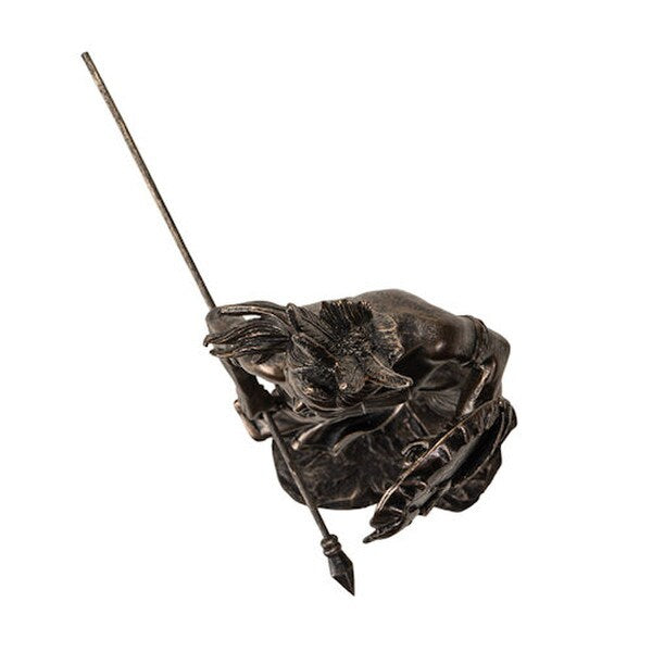 sculpture depicts a Native American warrior shield and spear headdress