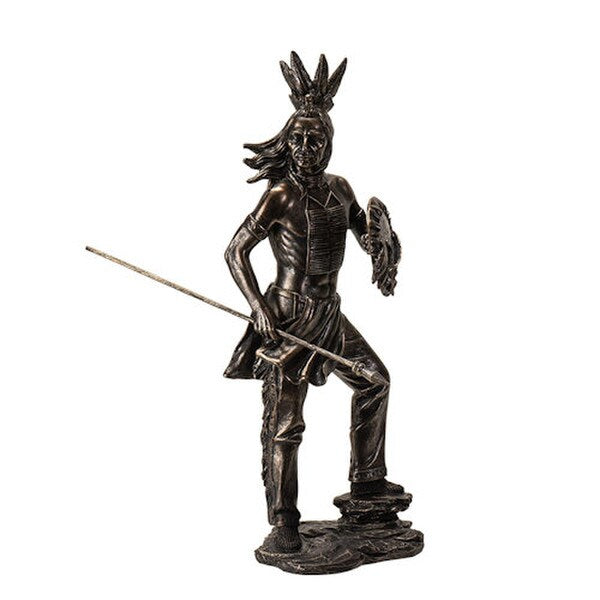 statue depicts a Native American warrior shield and spear headdress