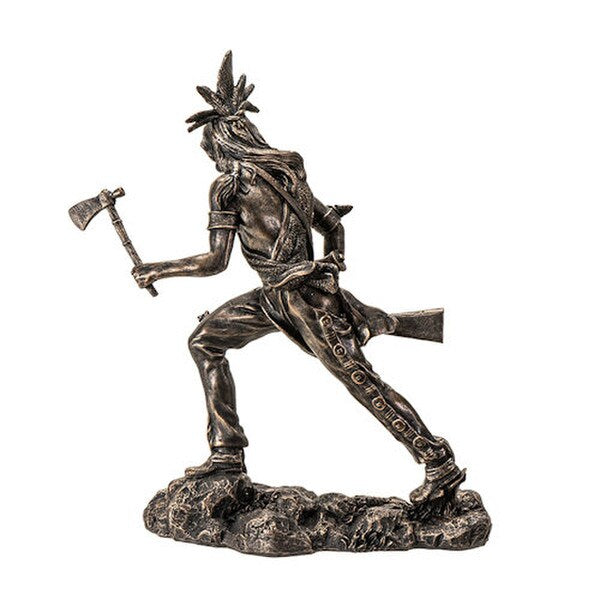statue depicts a Native American warrior tomahawk and rifle proud Indian