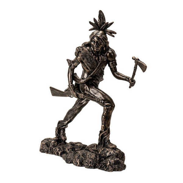 sculpture depicts a Native American warrior armed with both a tomahawk and rifle